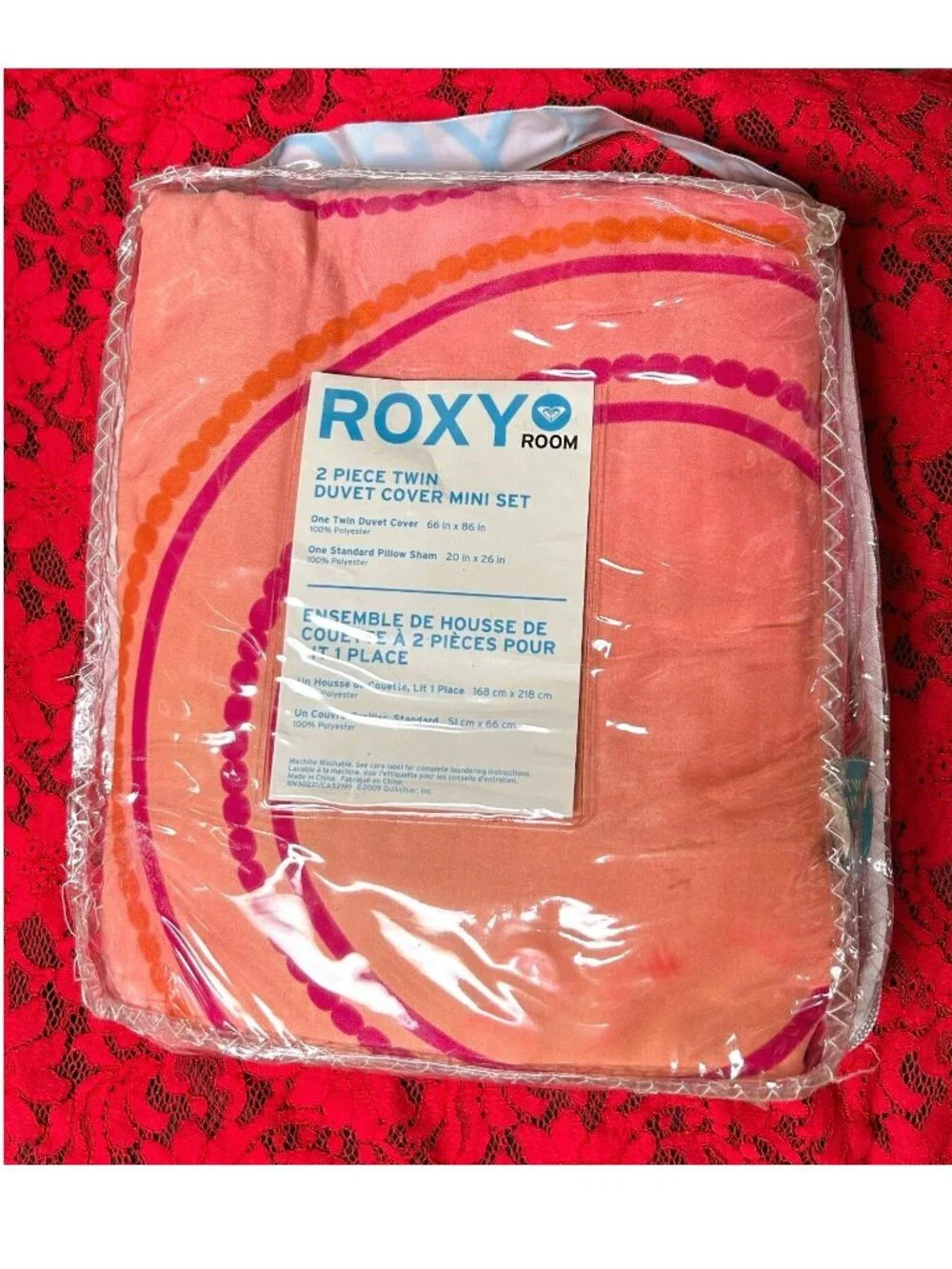 NEW~TWIN size comforter/Duvet Cover+Sham Set~Roxy Tahiti Dot~orange red pink
